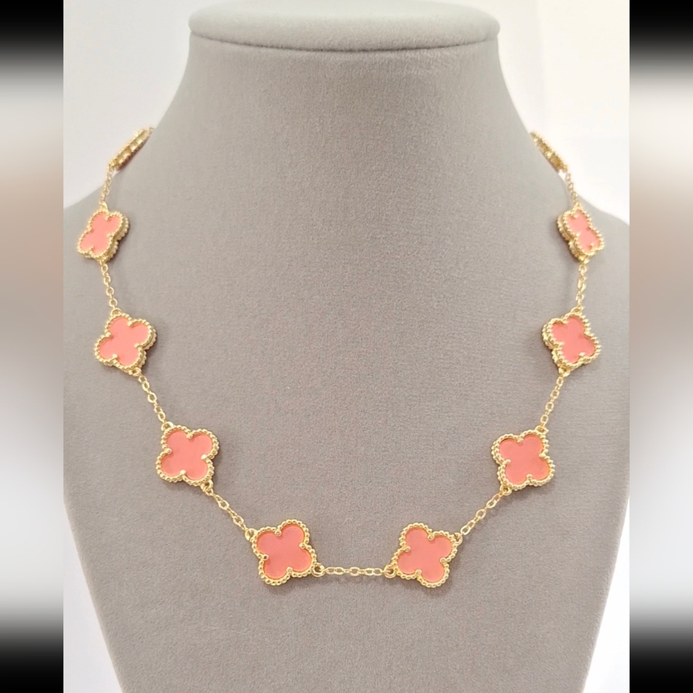 Gold filled & Peachy Pink Enamel double sided four leafs Clovers Necklace